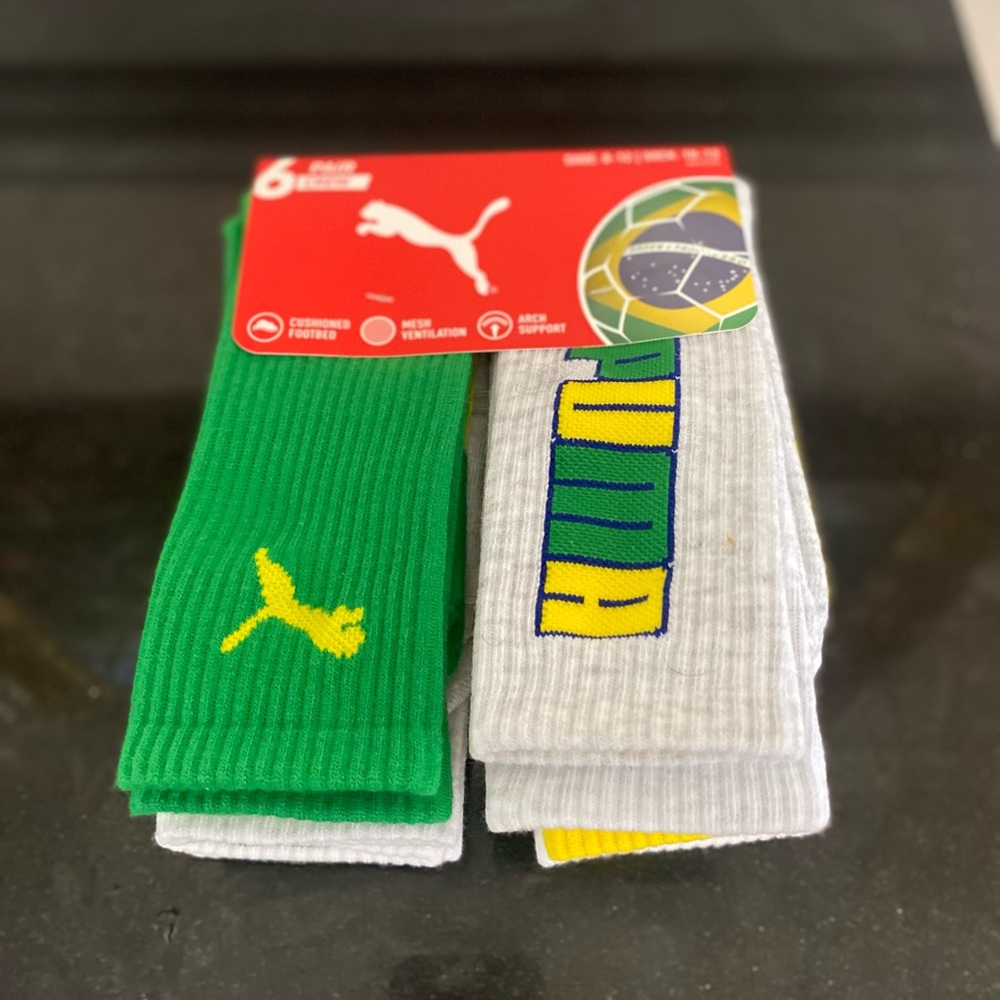 Puma Men’s Crew Socks – Green, White & Yellow (6 Pack)
